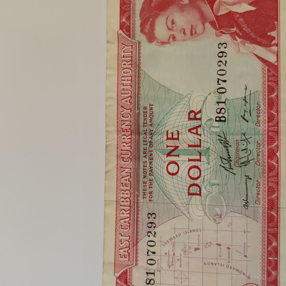 Young Queen Elizabeth East Caribbean States-Antigua Island 1 Dollar note 1965 - Picture 2 of 4
